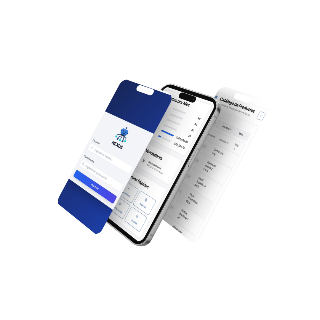 Aplicación móvil Nexus CRM - Gestión comercial desde smartphone con vistas de stock, ventas y reportes